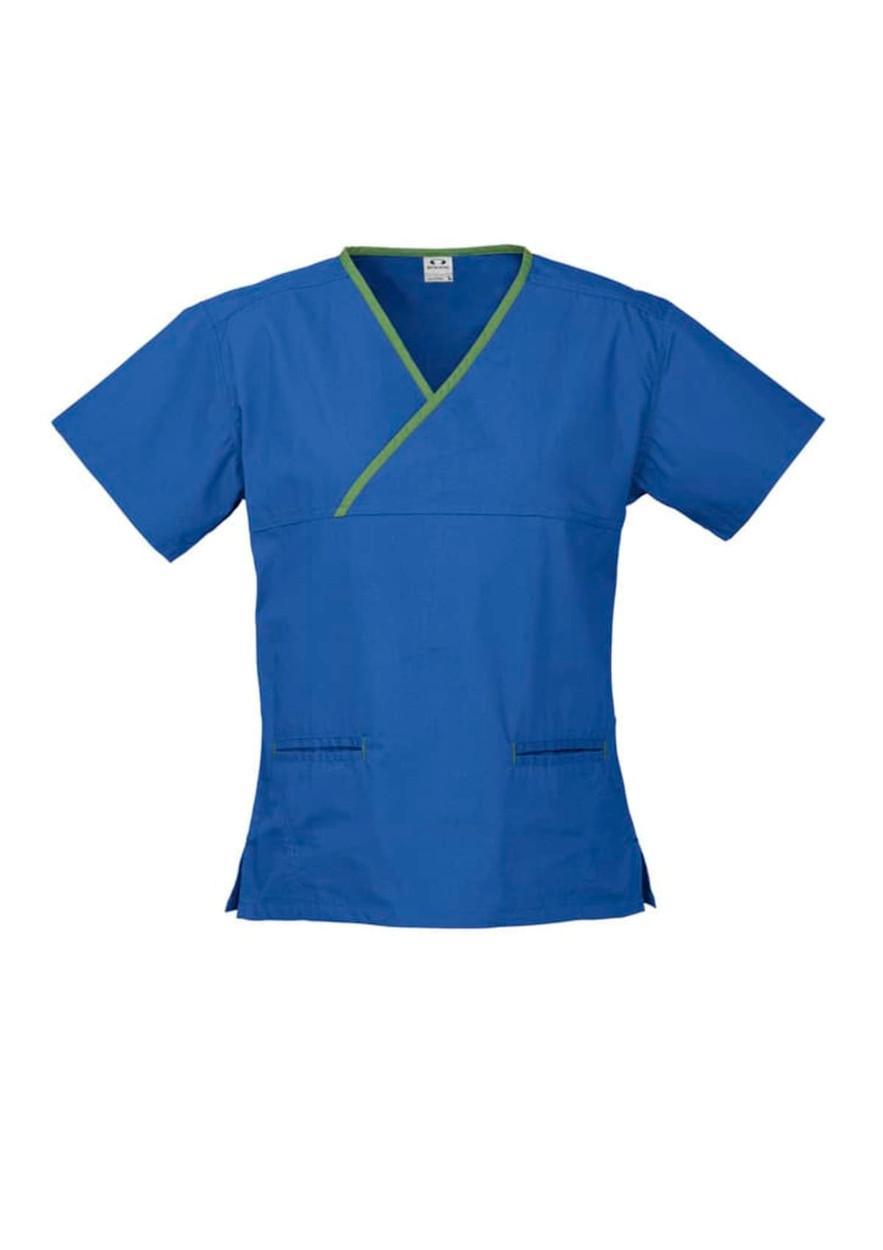 Classic women's scrub top in blue with green contrast detailing. Features a crossover design and two pockets.