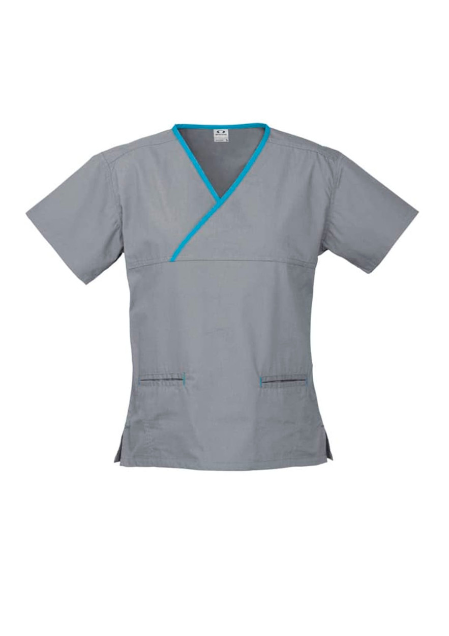 A grey scrub top with contrast turquoise detailing and a crossover design, featuring short sleeves and pockets.
