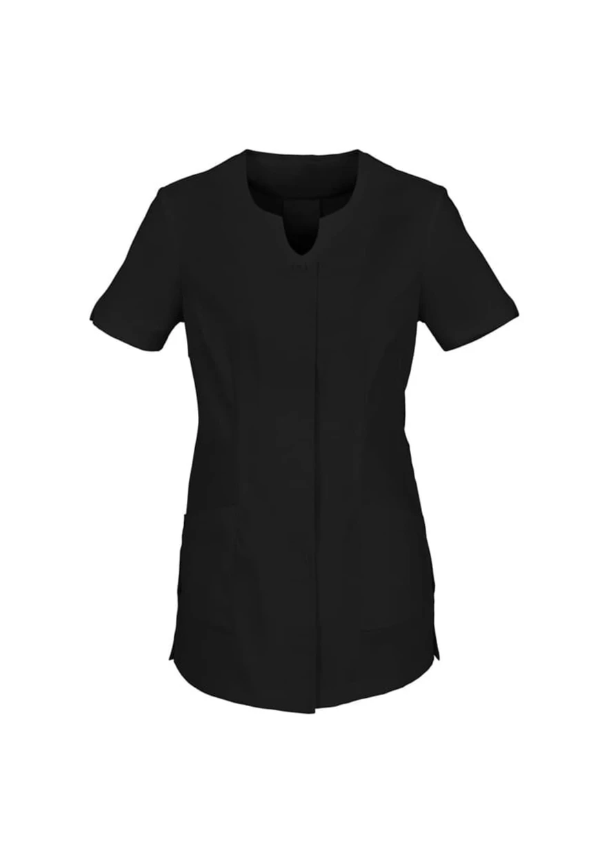 A black women's tunic featuring short sleeves, a round neckline, and two front pockets. It has a logo.