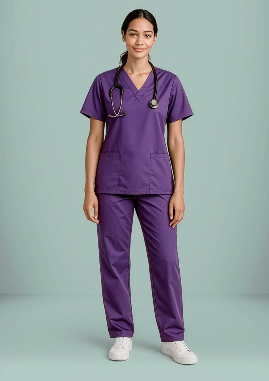 A model wearing purple Classic Women's Bootleg Scrub Pant paired with a matching top, complete with a stethoscope.