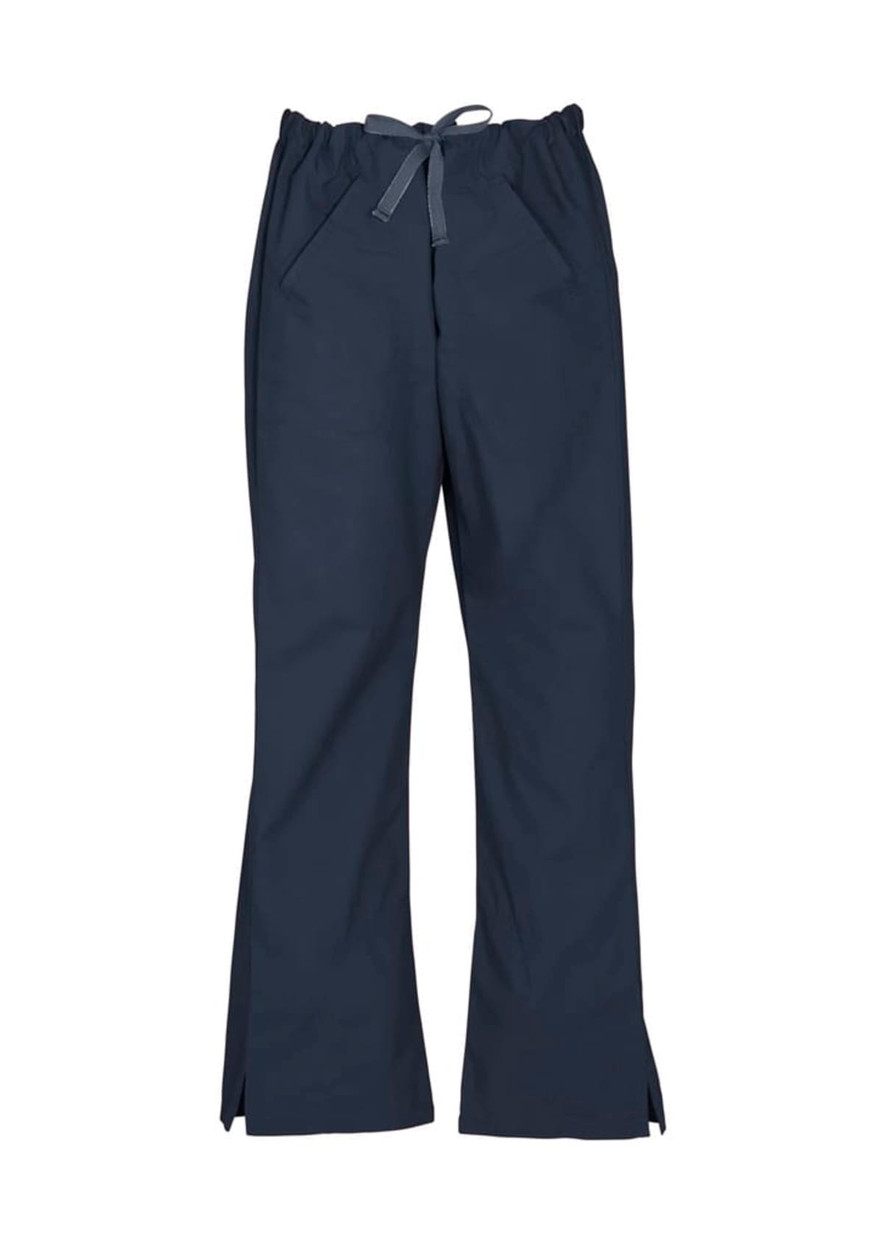 Classic women's bootleg scrub pants in navy blue with a drawstring waist and side slits. Features pockets and has branding.