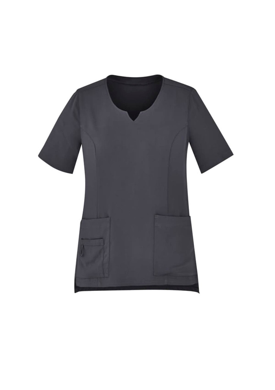 A women's round neck scrub top in dark grey, featuring short sleeves and two front pockets.