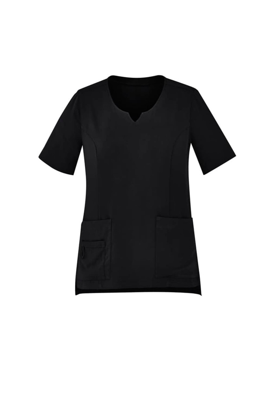 A round neck women's scrub top in black with short sleeves and two front pockets.