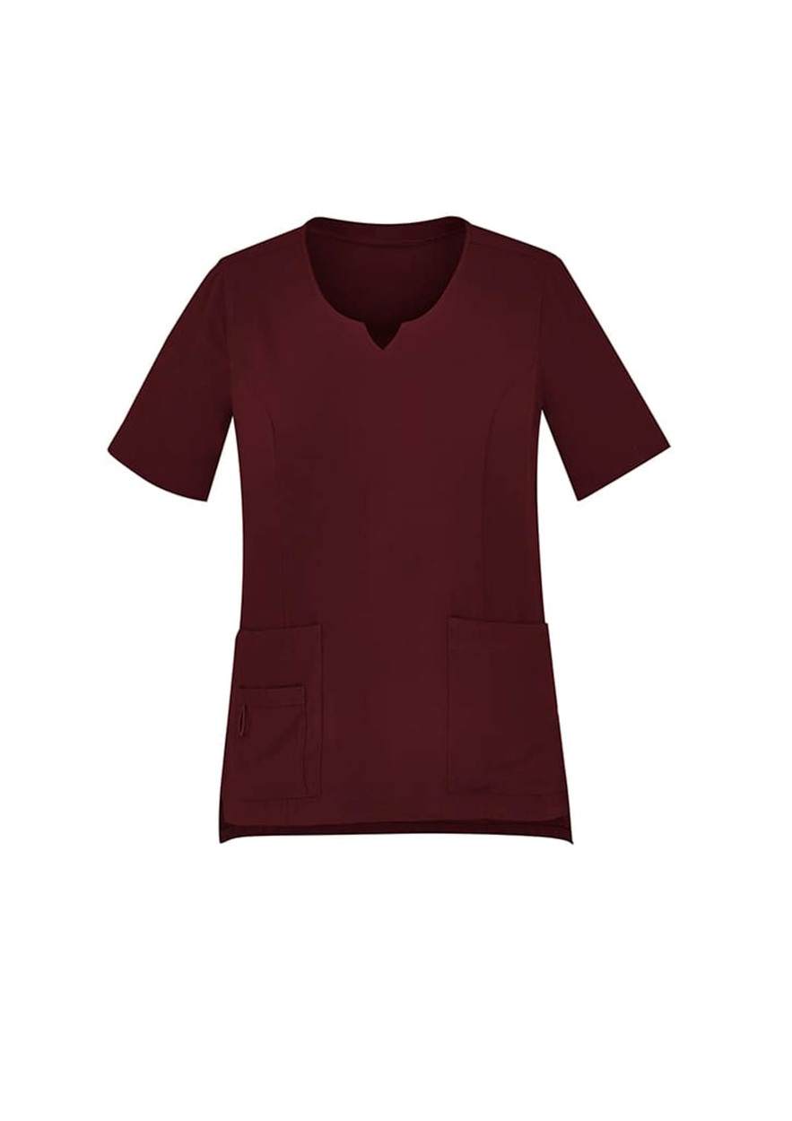 A womens round neck scrub top in burgundy, featuring short sleeves and two front pockets.