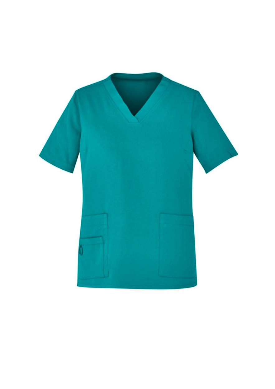 A teal women's V-neck scrub top featuring short sleeves and two front pockets. It includes a logo on the side.