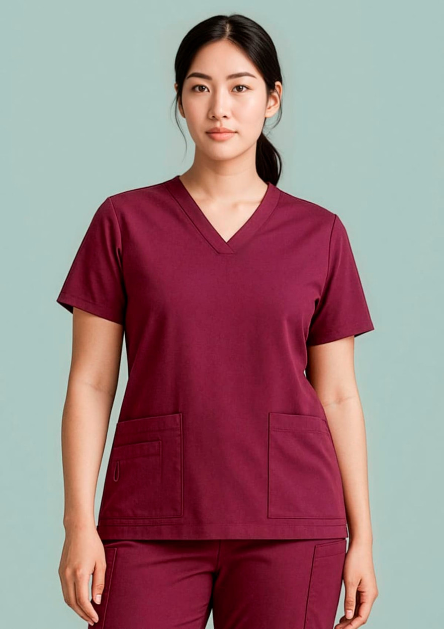 Burgundy women's V-neck scrub top featuring short sleeves and front pockets. The model is standing against a light green background.