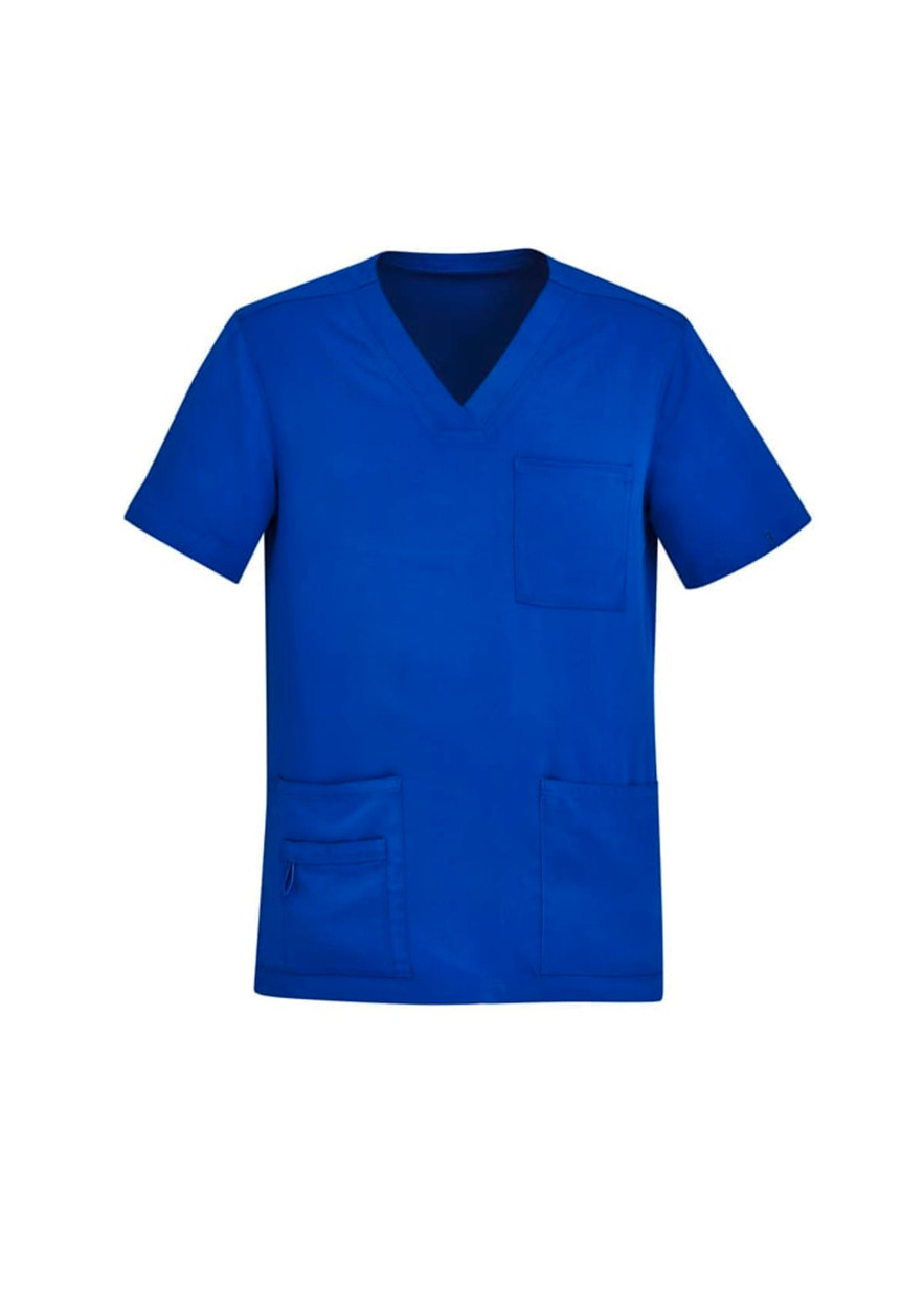 A blue men's V-neck scrub top with a pocket, featuring a logo on the side.