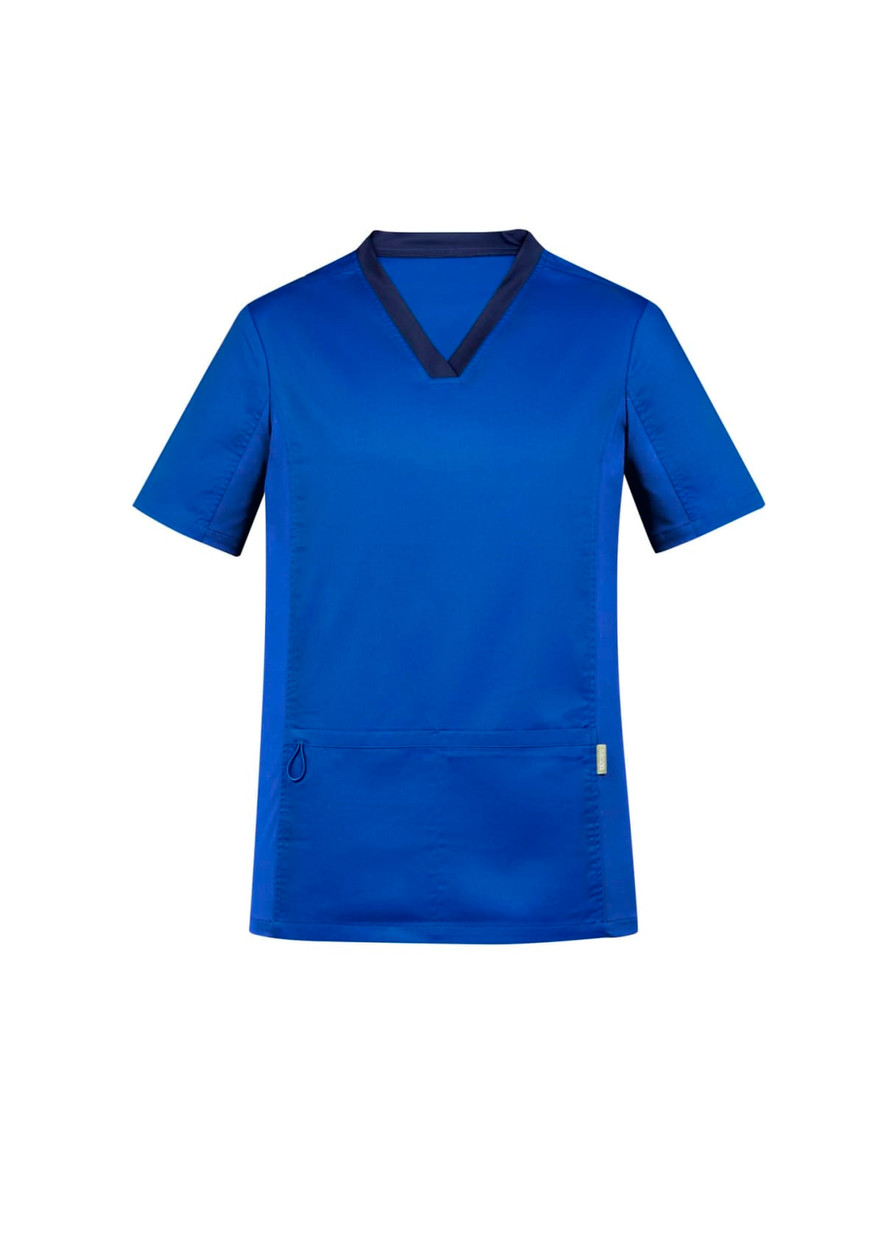 A blue men's scrub top featuring short sleeves, a v-neckline, and an integrated pocket. It includes a branding logo.