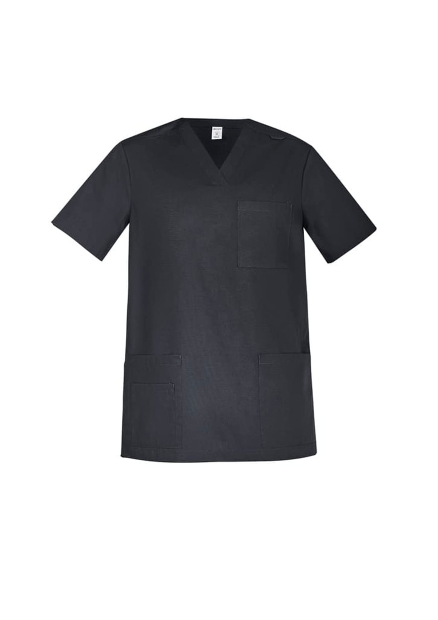 A black men's scrub top featuring short sleeves and multiple pockets. It includes a logo on the front.