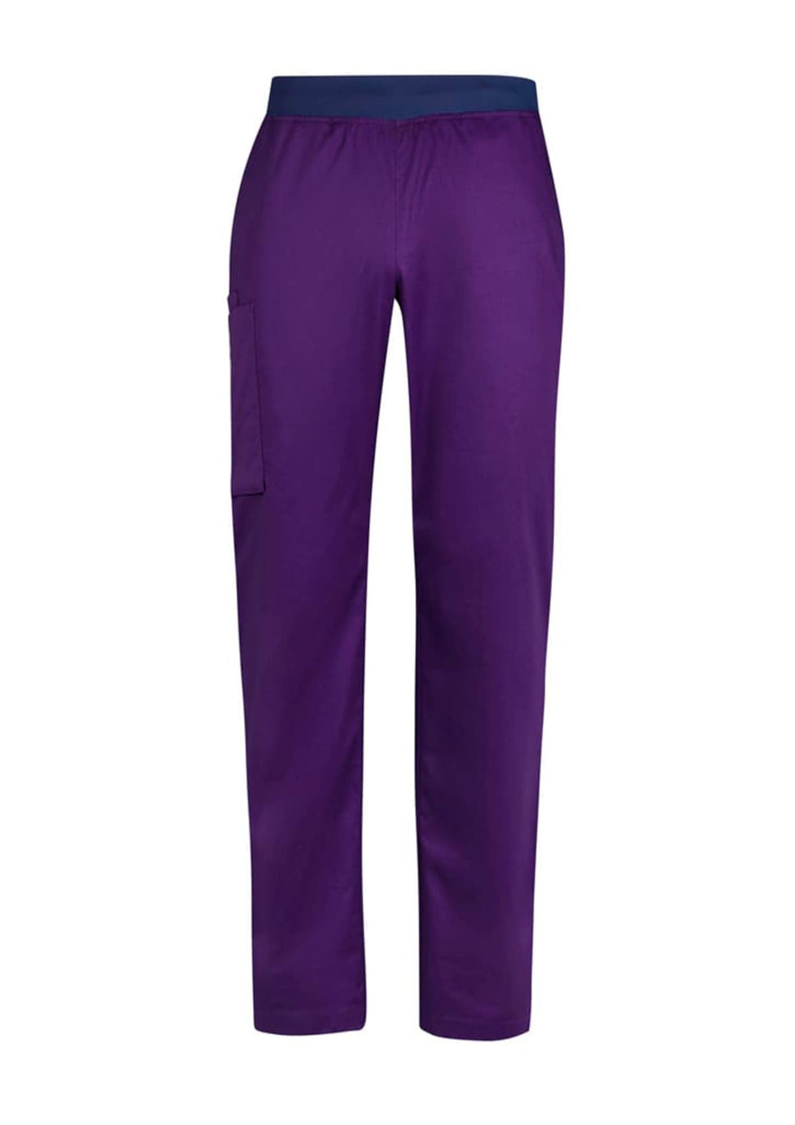A pair of purple straight leg scrub pants featuring an elastic waistband and a side pocket.