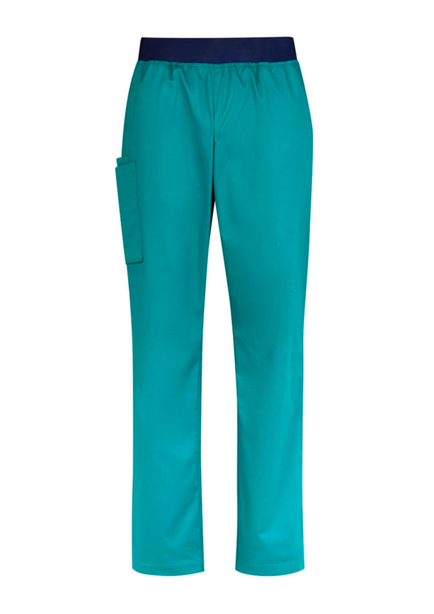 Teal straight leg scrub pants with a navy elastic waistband and a side pocket. Includes a logo on the waistband.