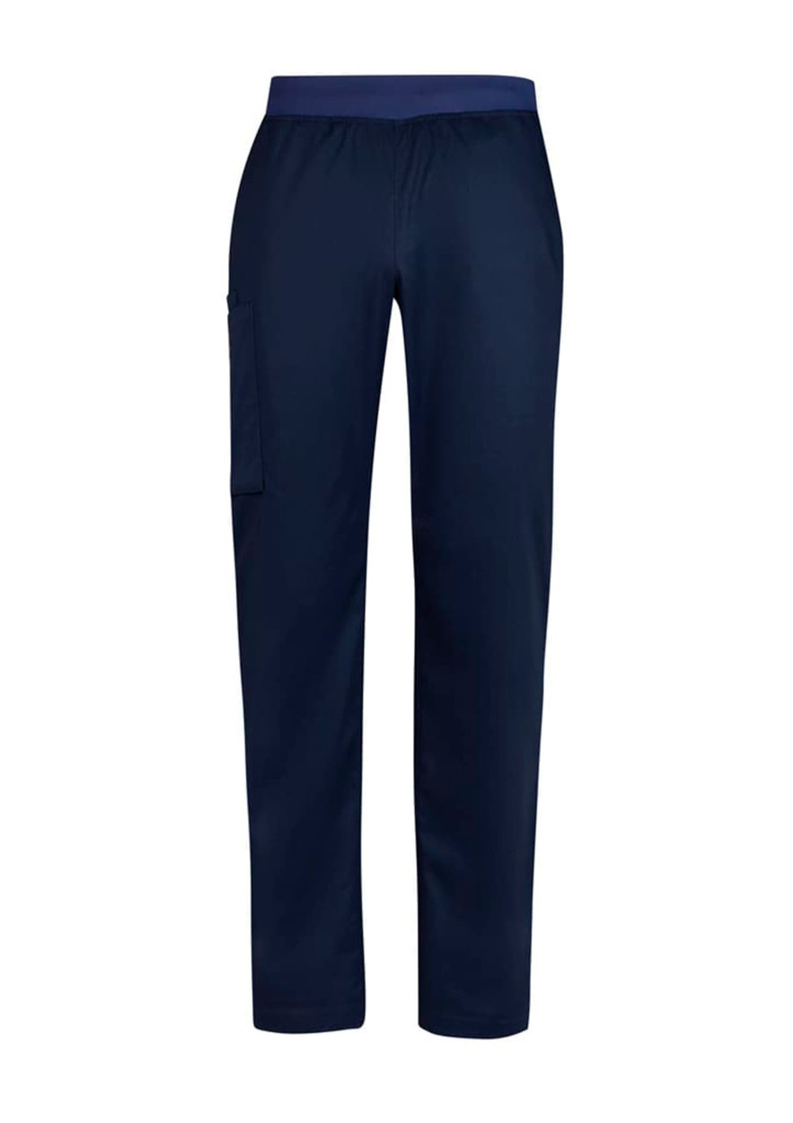 Navy straight leg scrub pants with an elastic waistband and a side pocket, featuring a logo. 