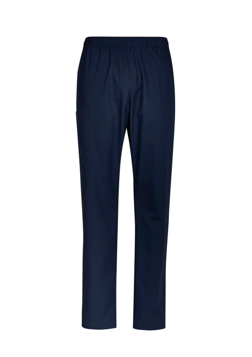 Navy scrub pants with an elastic waistband and a side pocket, featuring a logo on the design.