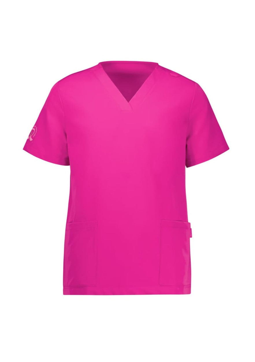A pink V-neck scrub top featuring short sleeves and two front pockets, with a logo on one sleeve.