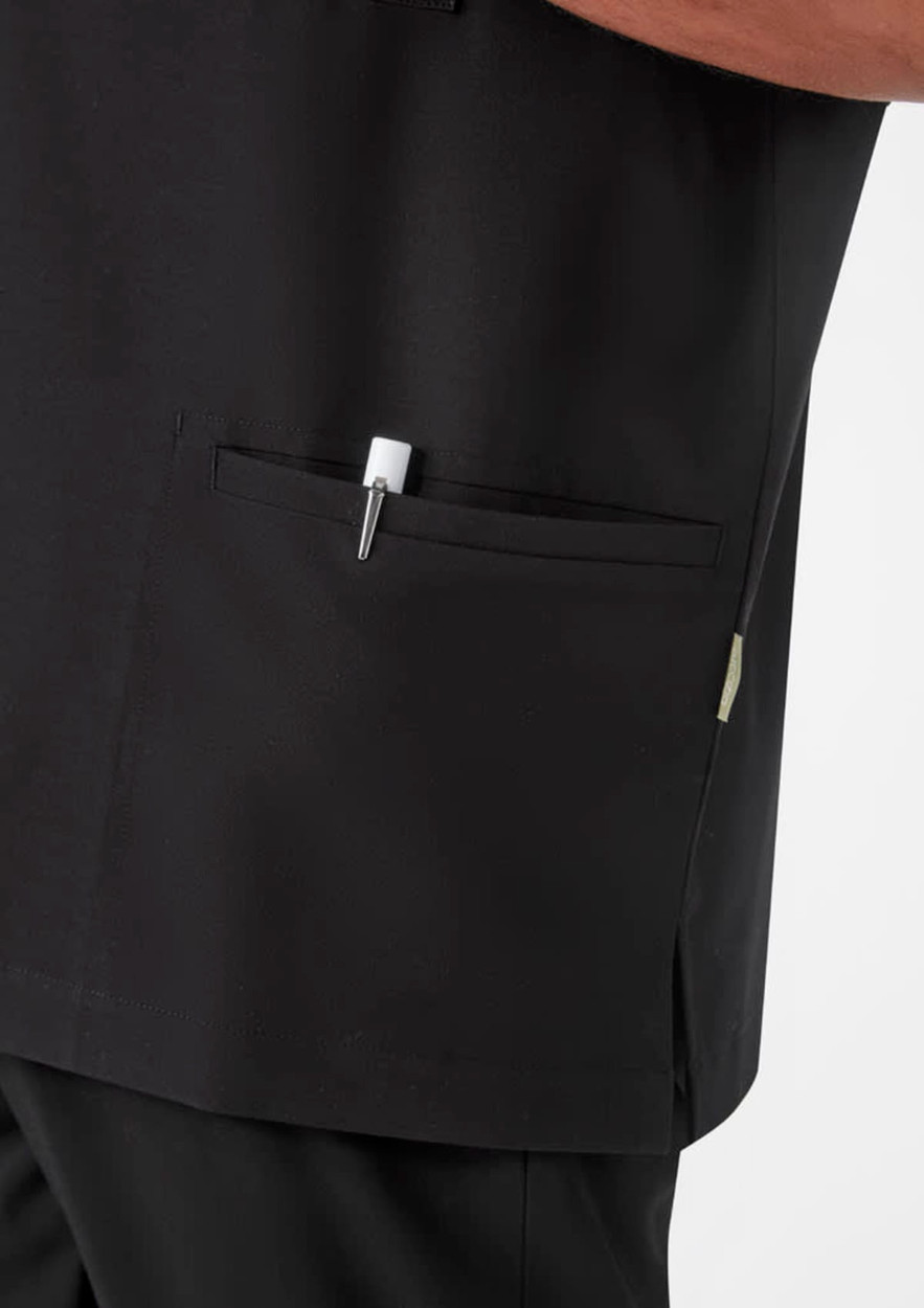 A black men's jacket featuring a pocket with a pen. The fabric appears smooth and lightweight.