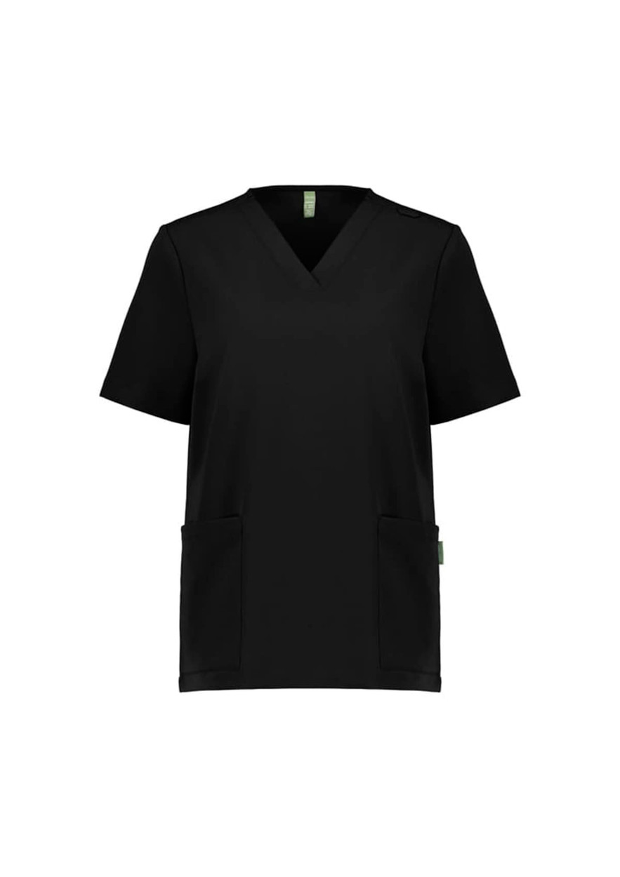 A black women's V-neck scrub top with short sleeves and two front pockets. It features a branding logo.