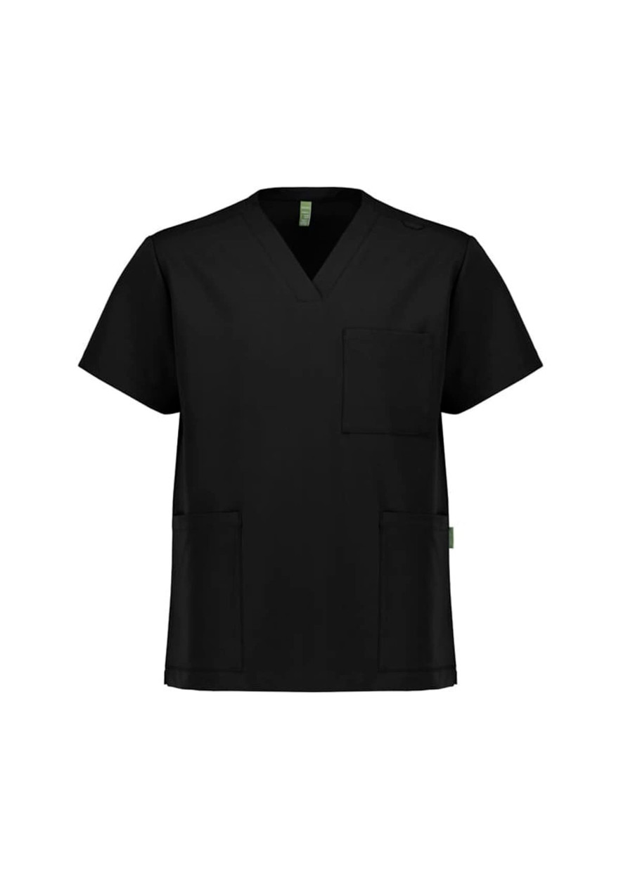 A unisex black V-neck scrub top featuring short sleeves and multiple pockets, with a logo on the design.