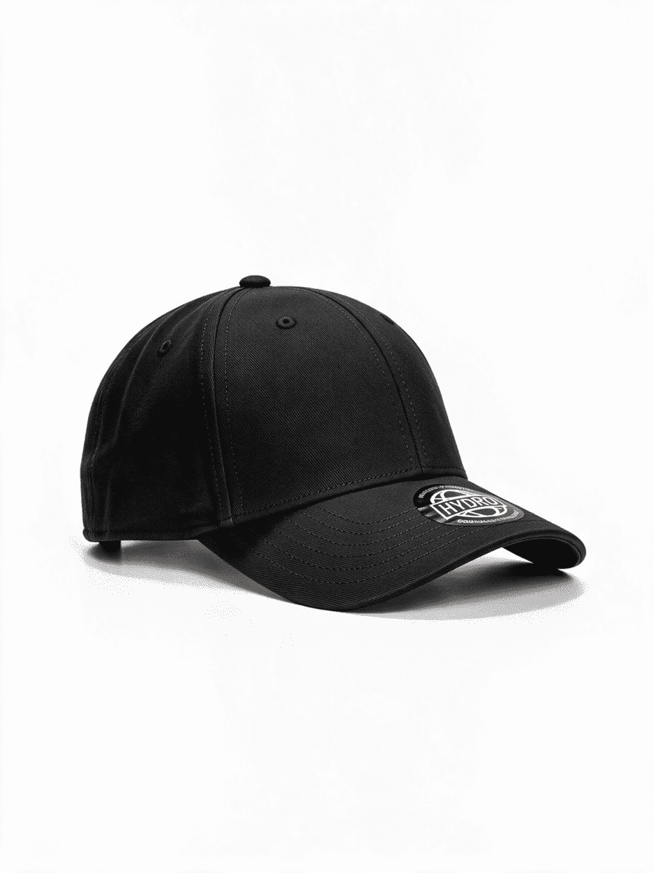 A black stretch cap with a branded logo on the front. The cap features a classic curved brim design.