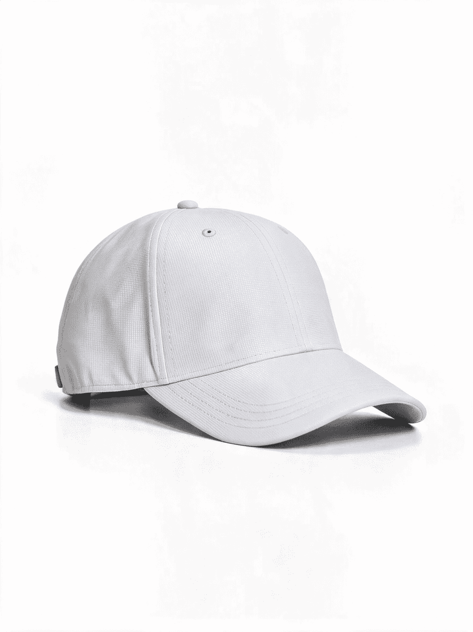 A white cap made from recycled polyester, featuring a curved brim and a discreet logo.