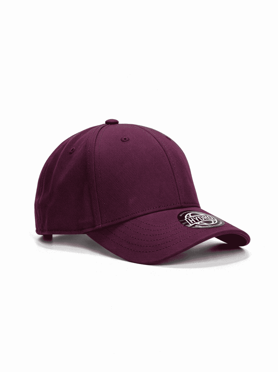 A maroon cap with a rounded brim and a side logo.