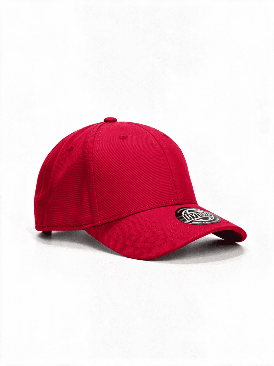 A red brushed twill cap featuring a logo on the front. The cap has a classic design with a curved brim.