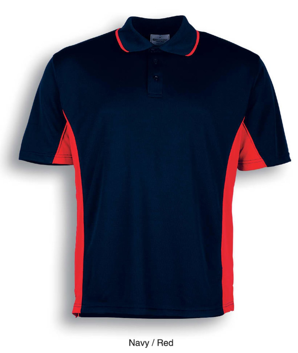 A navy and red polo shirt featuring short sleeves and a collar, with branding on the chest area.