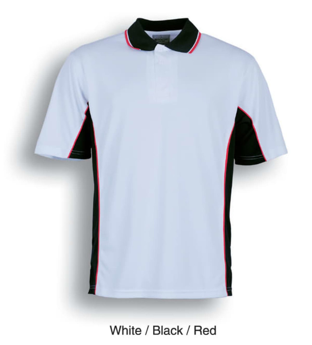 A polo shirt in white with black and red accents, featuring short sleeves and a collar. Includes a logo.