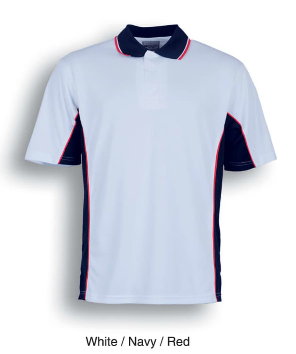 A white polo shirt with navy and red accents and a logo on the chest. Short sleeves and a classic collar design.
