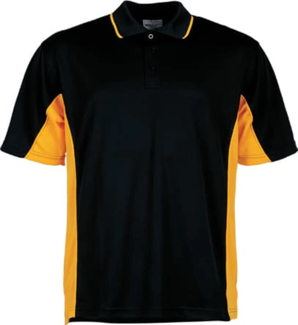 A black and yellow polo shirt featuring a collar, short sleeves, and a logo on the chest.