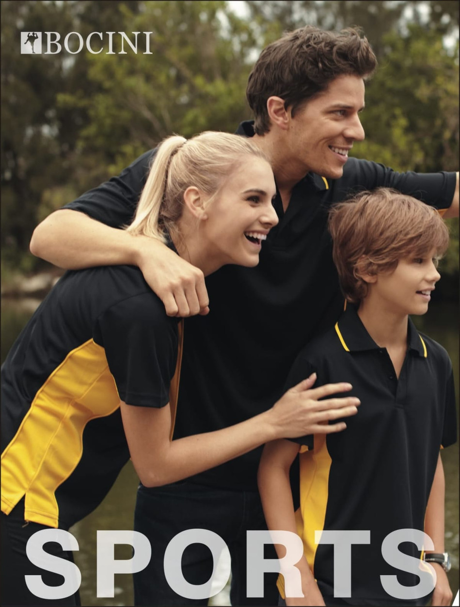 A promotional image of three people wearing black and yellow polo shirts, showcasing a casual outdoor vibe.