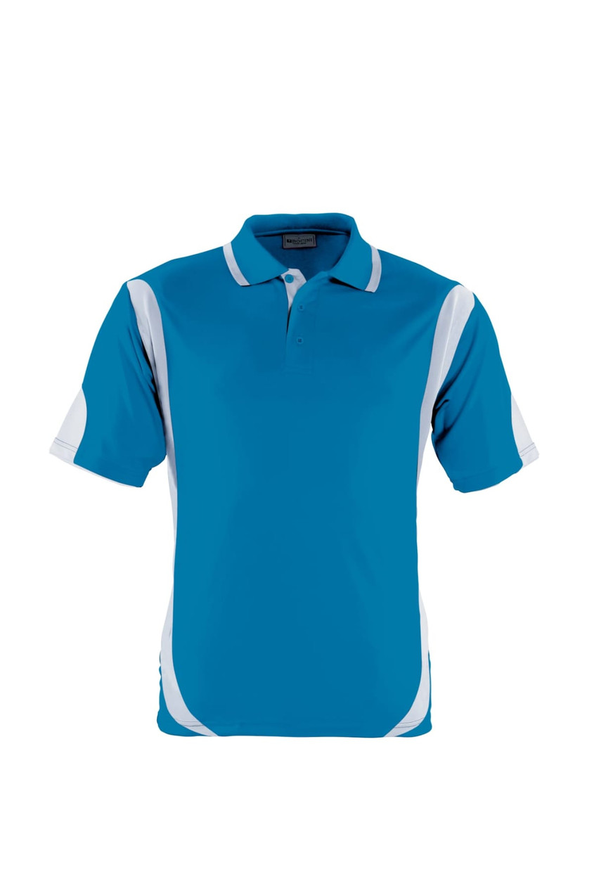 A blue polo shirt featuring contrasting white accents and a collar. It includes a logo on the chest area.