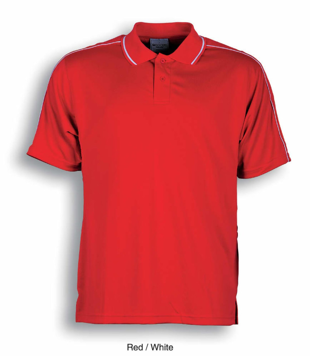 A red and white striped polo shirt featuring a collar and a logo.