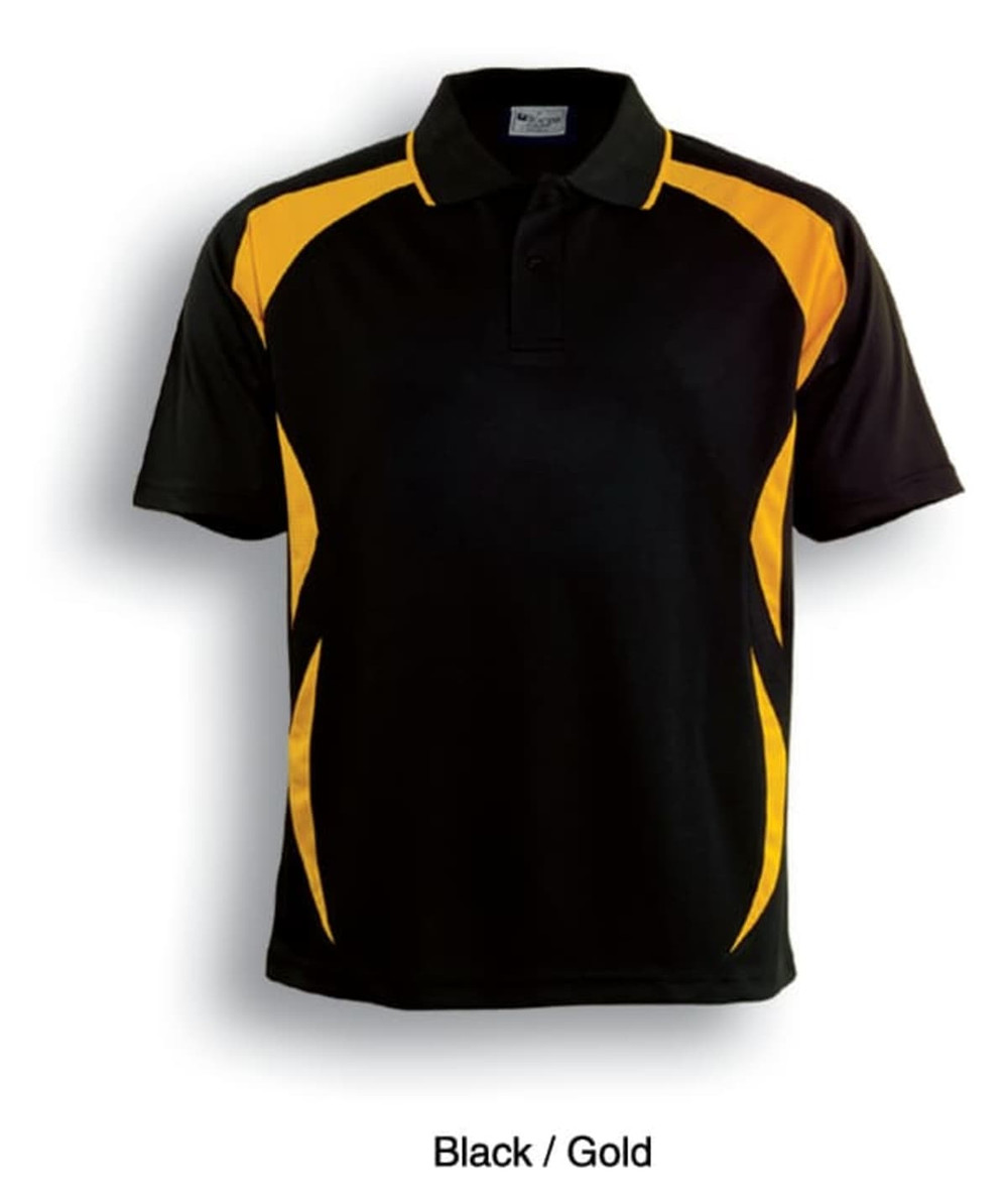 A black and gold unisex polo shirt featuring a logo and sporty design.