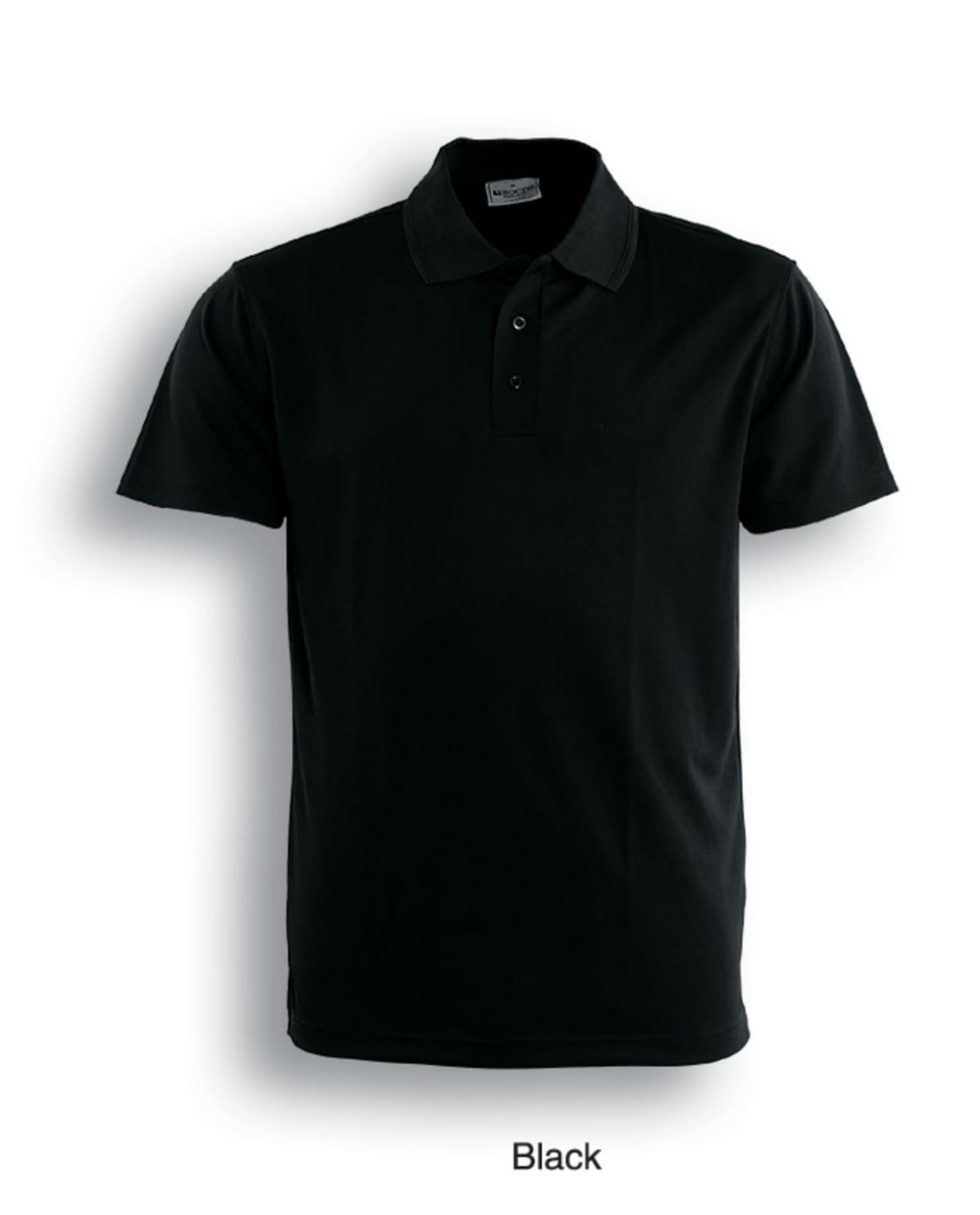 A black men's basic polo shirt with a collar and three buttons, featuring a logo on the chest.