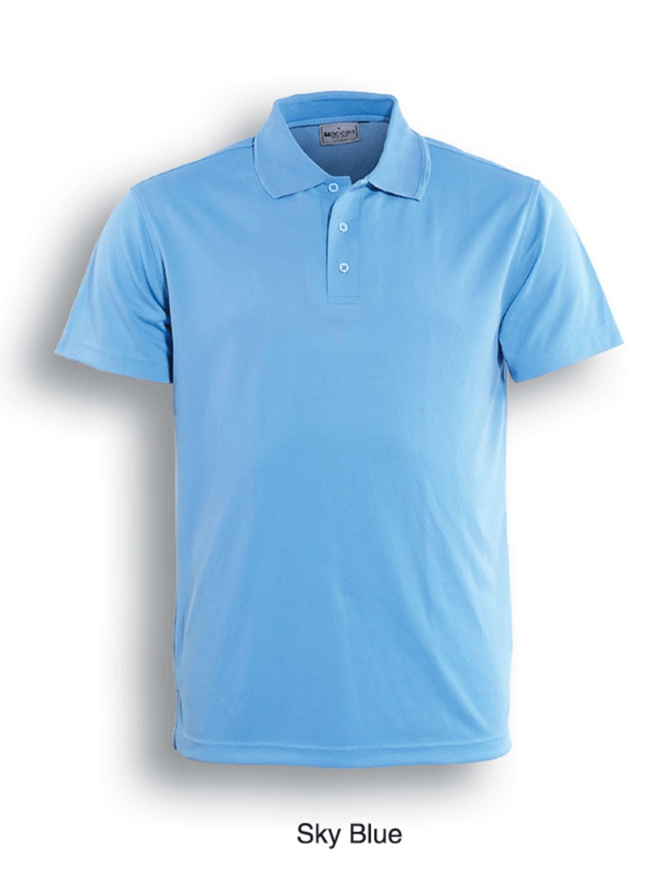 A sky blue men's polo shirt with a collar and three buttons, featuring a logo on the chest.