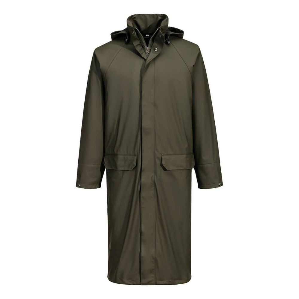 A long coat in olive green with a hood, featuring two front pockets and a buttoned closure. It has a logo on the chest.