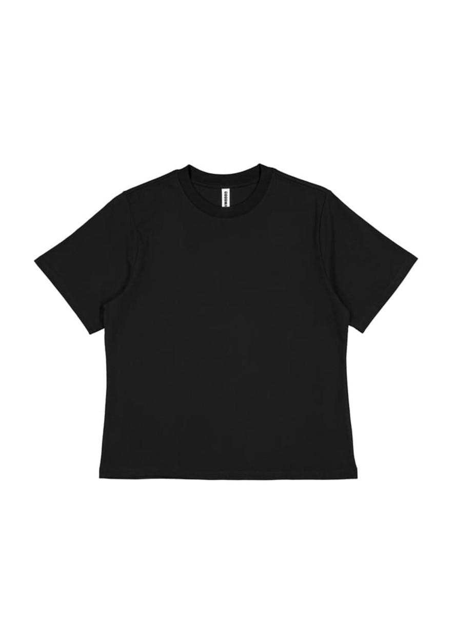 A black box tee with a relaxed fit and short sleeves. It features a label and a minimalist design.