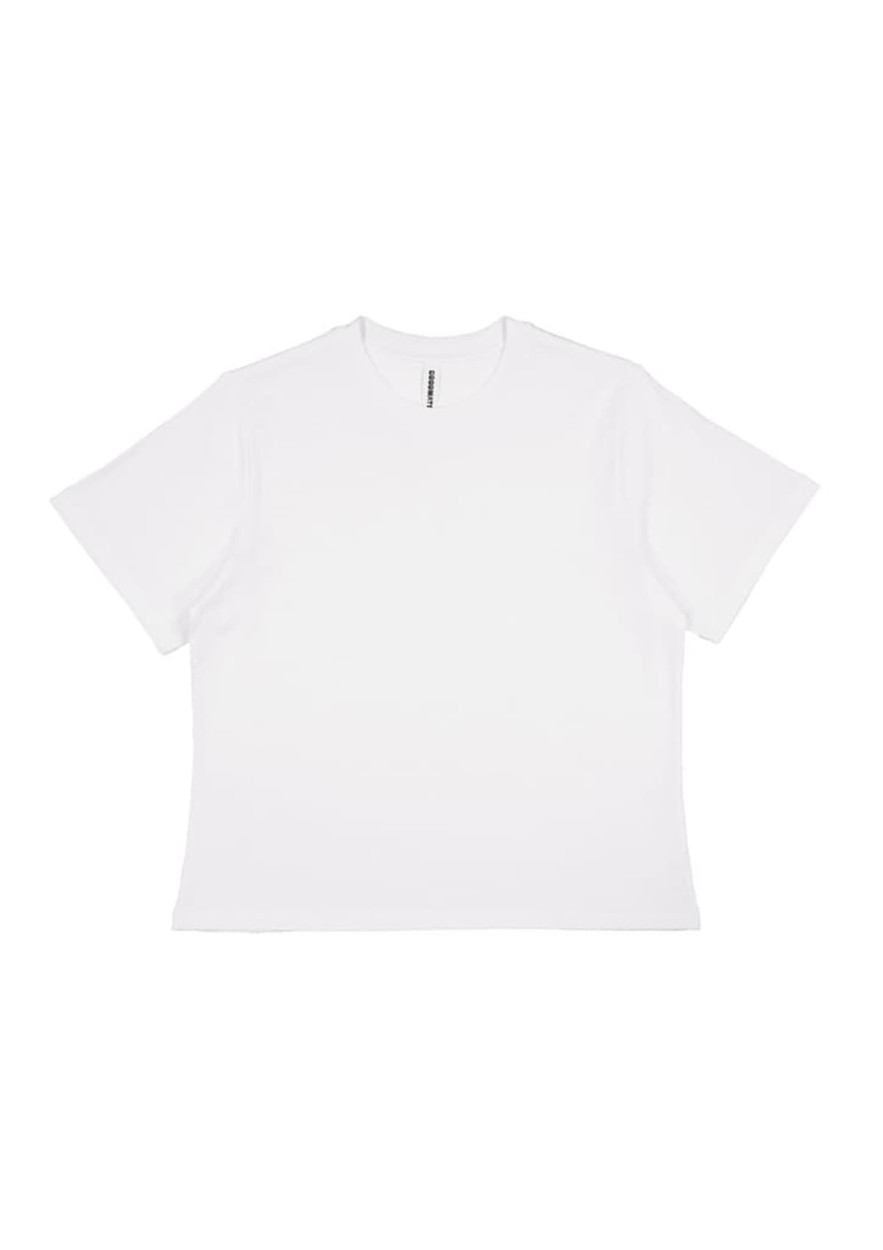 A white boxy women's tee with short sleeves. The shirt features a faint logo at the neck.
