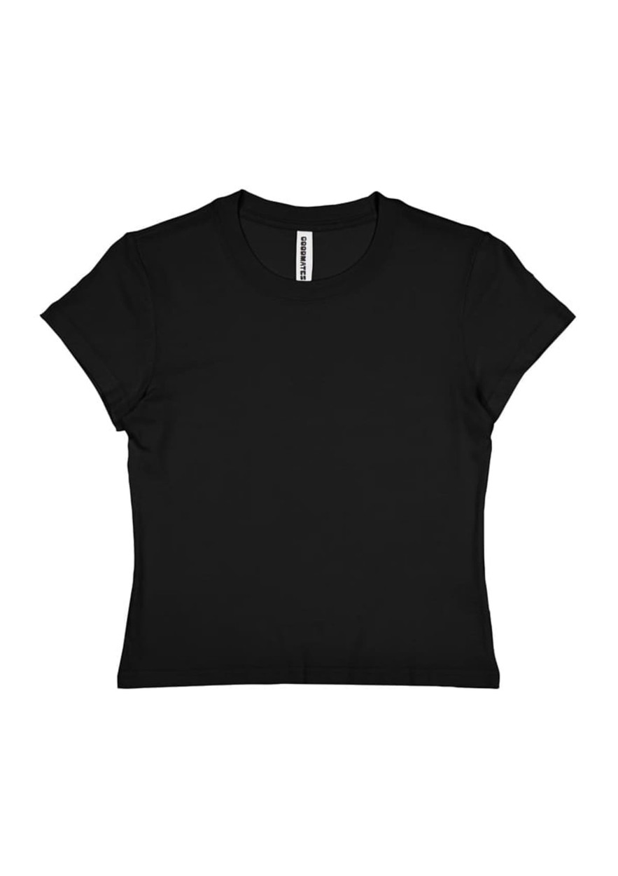 A black women's baby tee with short sleeves and a round neckline, featuring a label inside.
