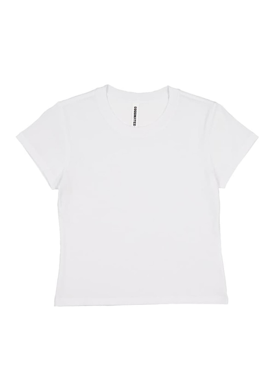 A white women's baby tee with short sleeves and a fitted design. The tee features a brand logo on the inside label.