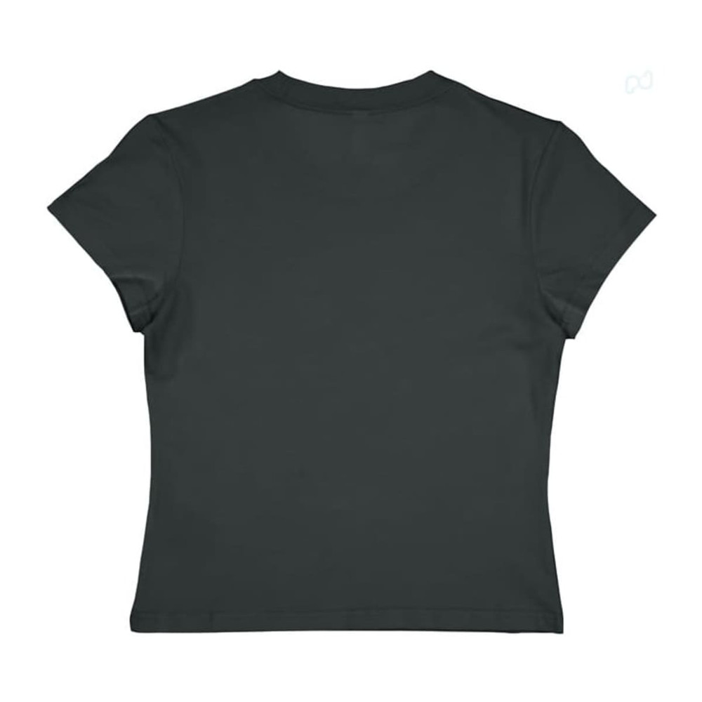 A women's baby tee in a solid black colour, featuring a fitted design and short sleeves. The back view is shown.