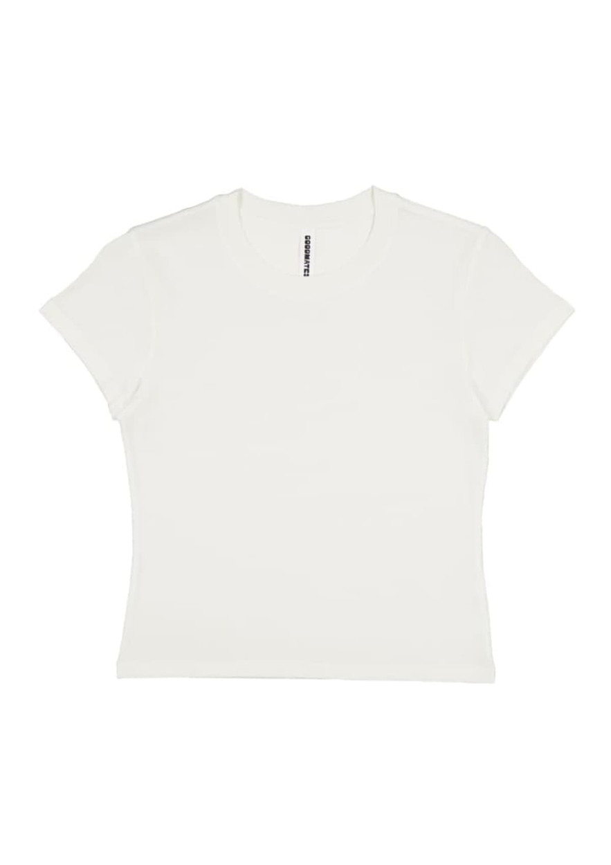 A white women's baby tee with short sleeves and a fitted style. The shirt features a logo on the label.