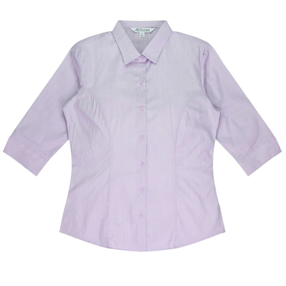 A light purple button-up shirt with 3/4 sleeves and a fitted design, featuring a logo.