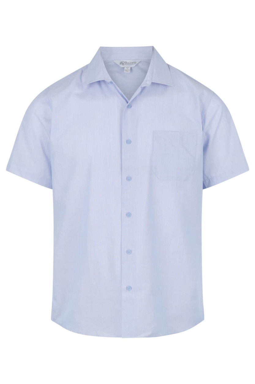 A short-sleeve, light blue button-up shirt with a chest pocket and a logo.
