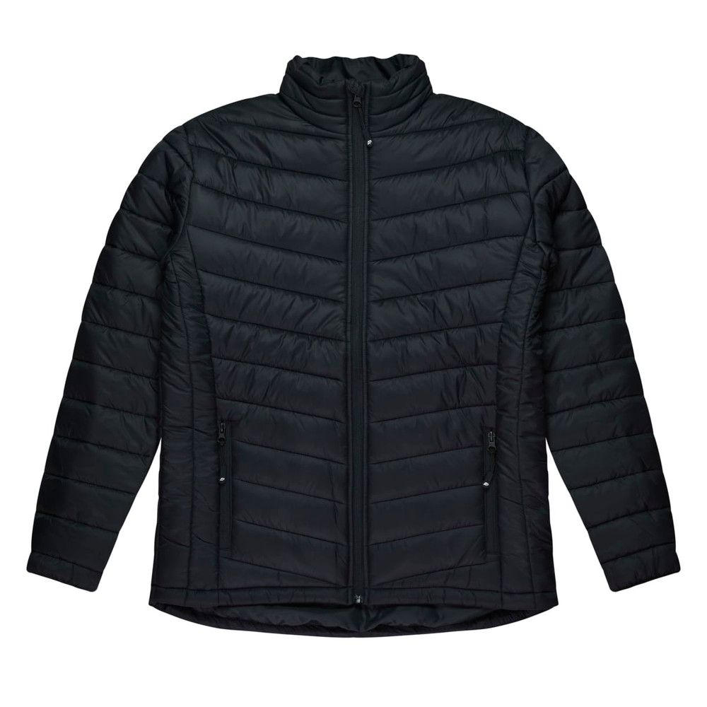 A black, padded jacket with a zip front and two side pockets; features a high collar and a sleek design.