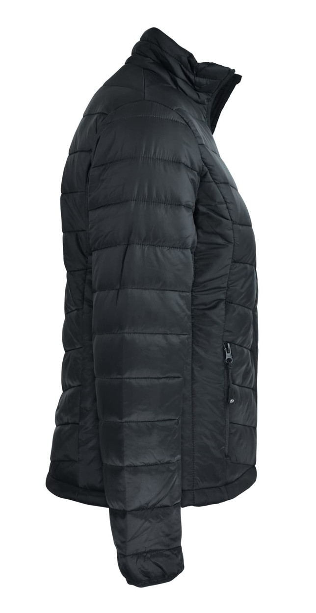 A black puffer jacket with a zip and standing collar, featuring a sleek, quilted design and a logo.
