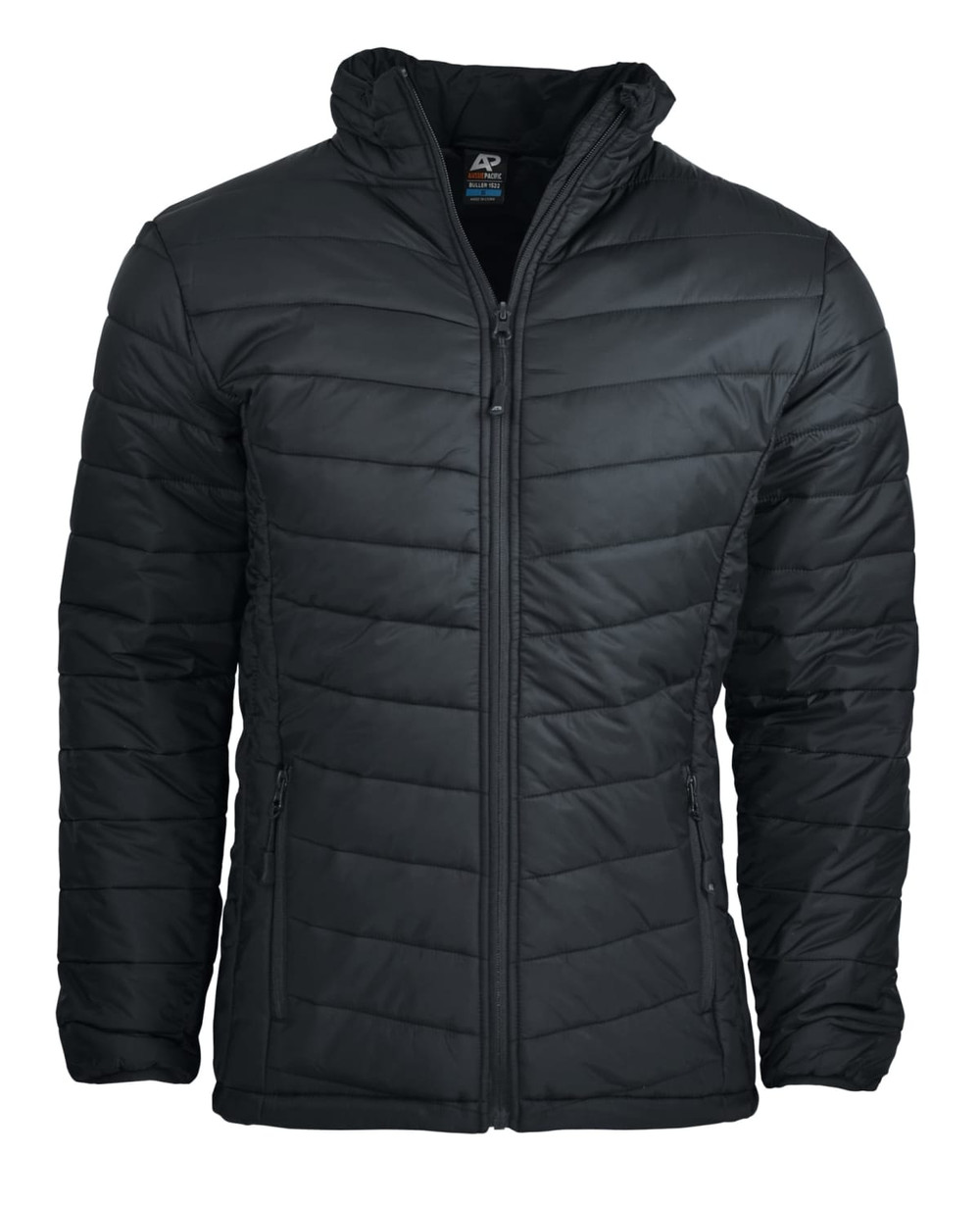 A black padded men's jacket featuring a zip closure and two side pockets, with a logo on the label.