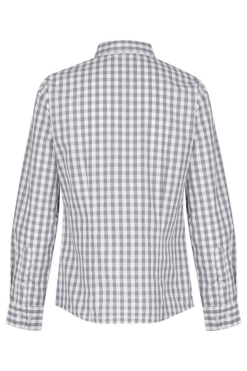 A long sleeve button-up shirt in a grey and white check pattern, featuring a collar and cuff detailing.
