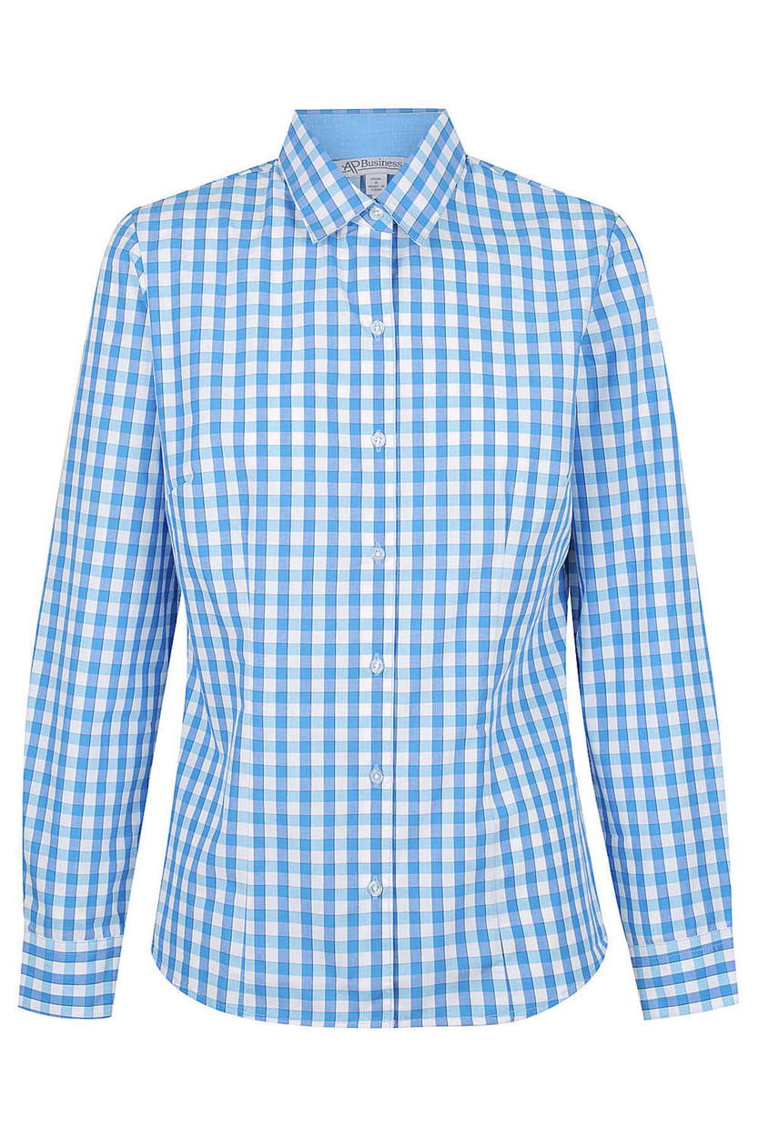 A blue and white checked long sleeve button-up shirt with a collar and a logo.
