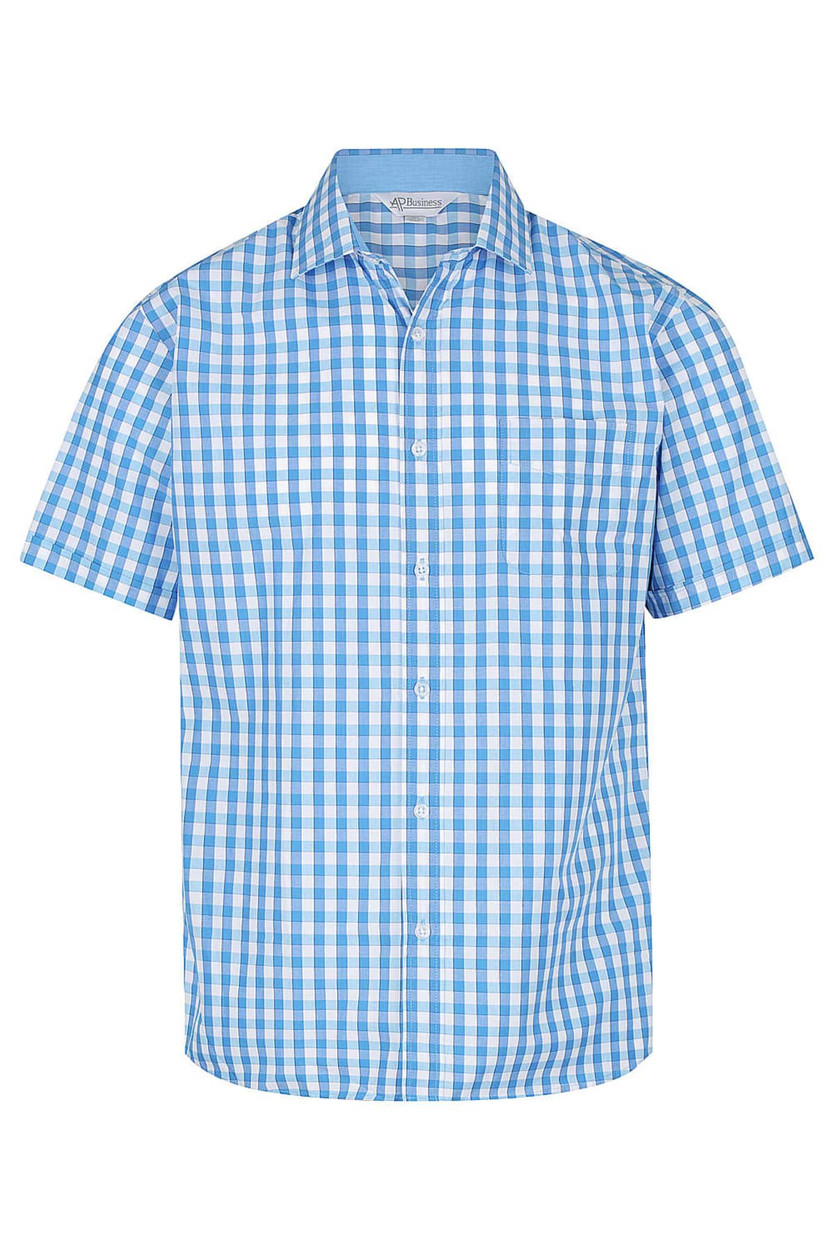 A short-sleeve button-up shirt in blue and white checkered pattern, featuring a front pocket and a logo.